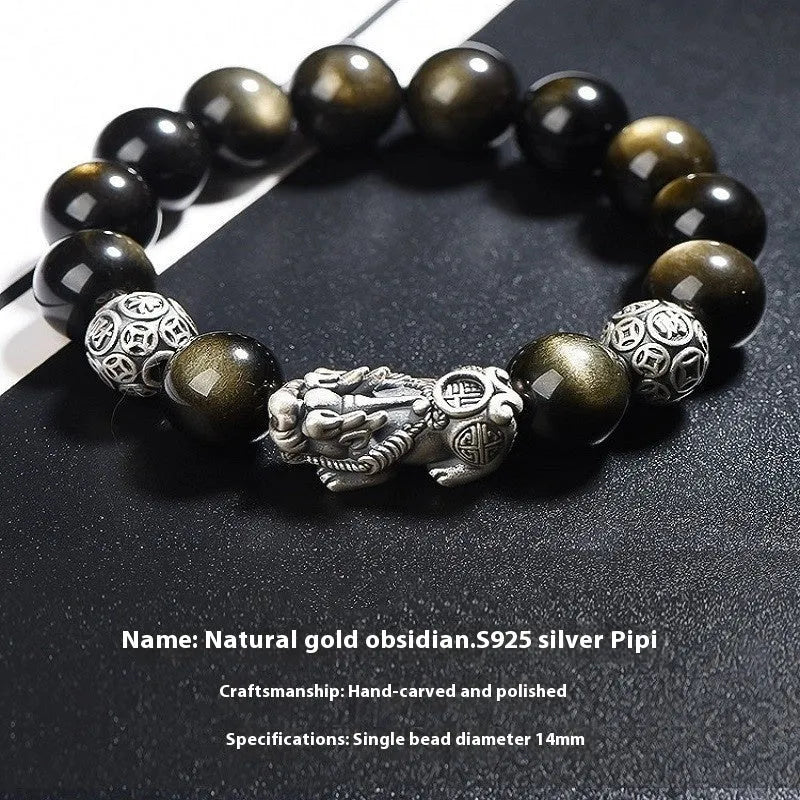 Men's geometric obsidian bracelet with sterling silver framework and leather detailing in three width sizes