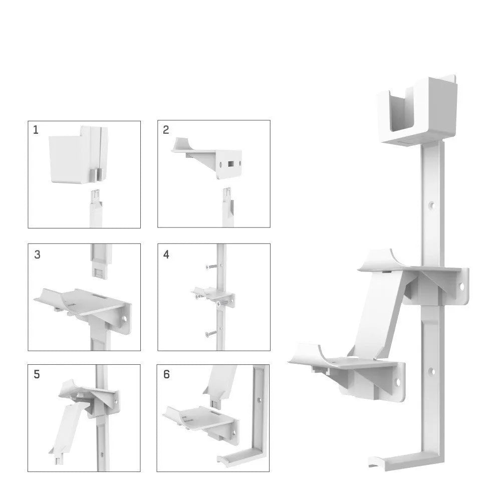 White wall-mounted hook holding a PS5 controller and gaming headset.