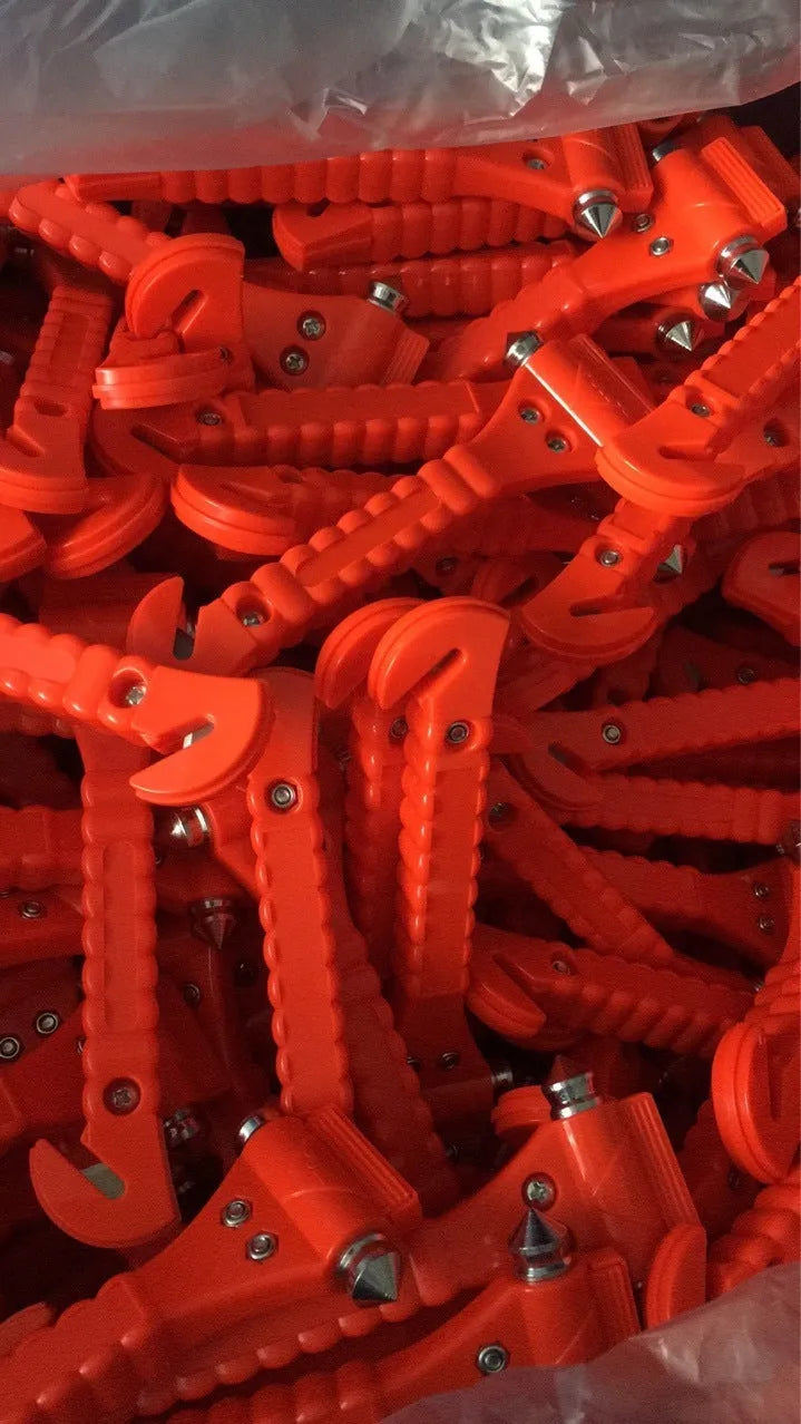 Red car emergency hammer with window breaker and seatbelt cutter made from ABS and carbon steel