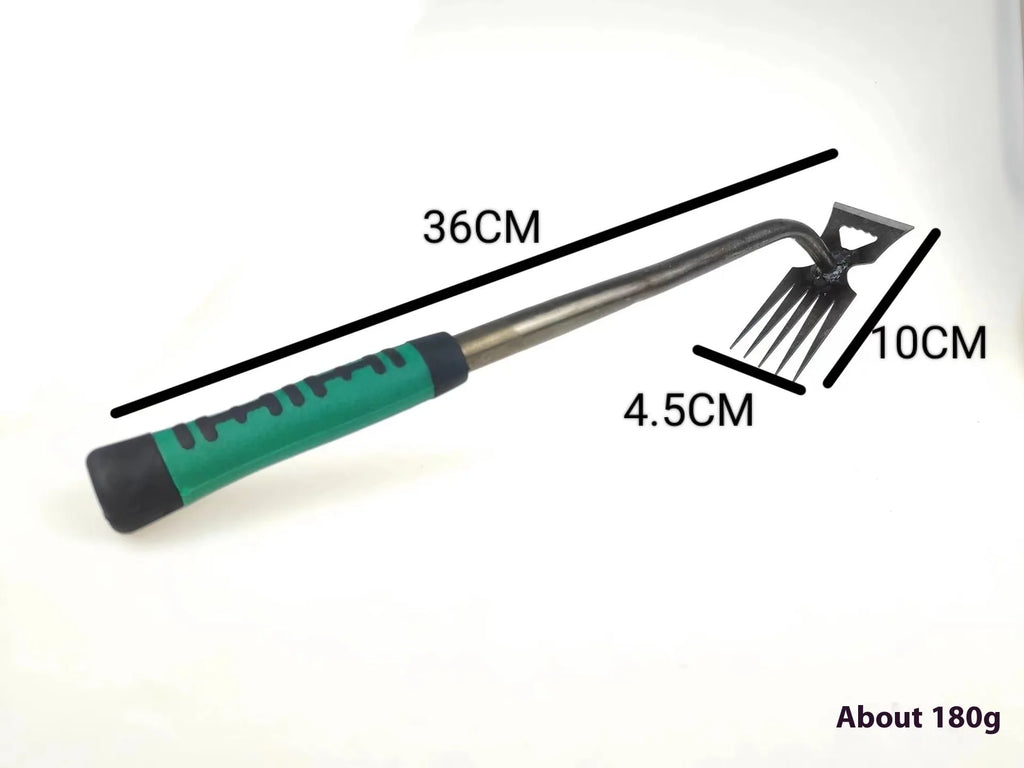 Green steel handled weeding rake with carbon steel head and 5 teeth for soil turning and planting