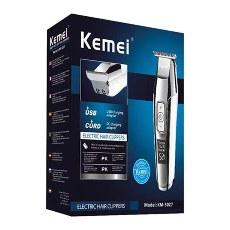 Barber scissors with LCD digital display showing battery percentage on stainless steel tool head