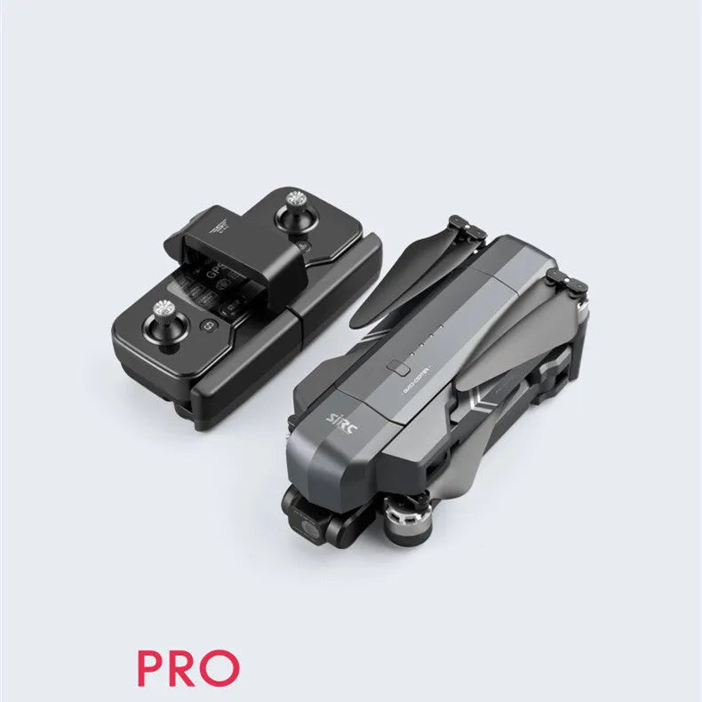 Black F11s PRO folding drone with 4K camera, shown both expanded for flight and folded for storage