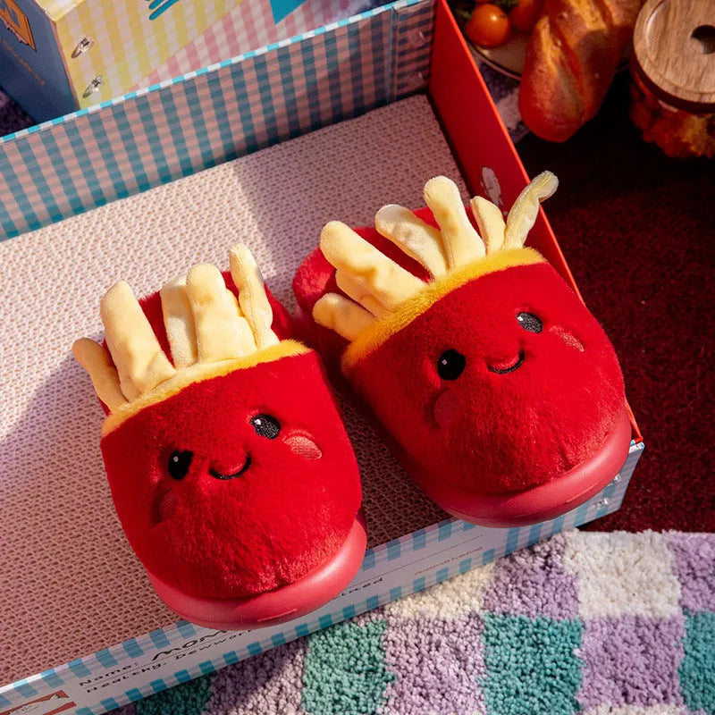 Women's cotton slippers with suede upper, EVA sole, French Fries cartoon design, indoor home wear