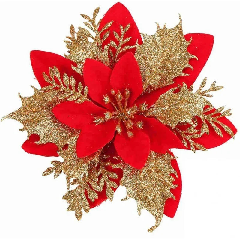14cm gold artificial Christmas flower with double-layer blossom on white background