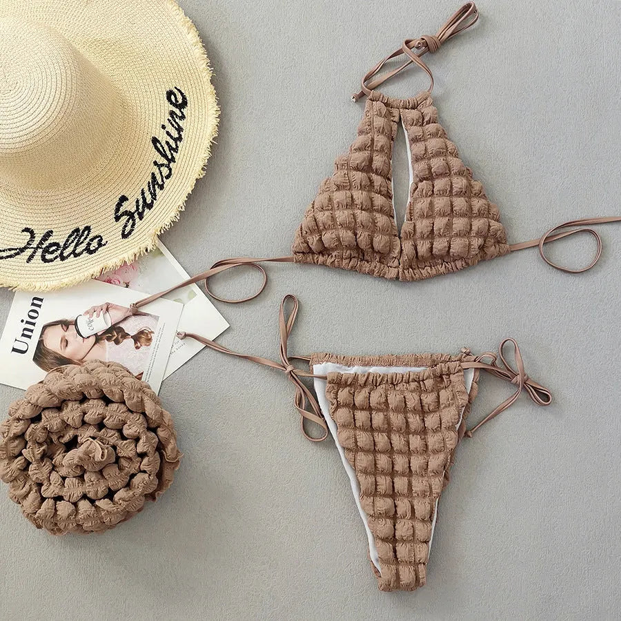 Brown seersucker lace-up bikini top with matching pants and skirt, three-piece women's swimsuit set