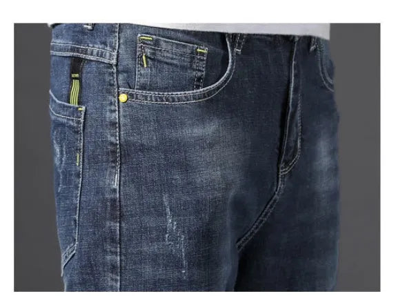 Men's stretch cotton jeans straight leg cropped Korean style blue grey washe