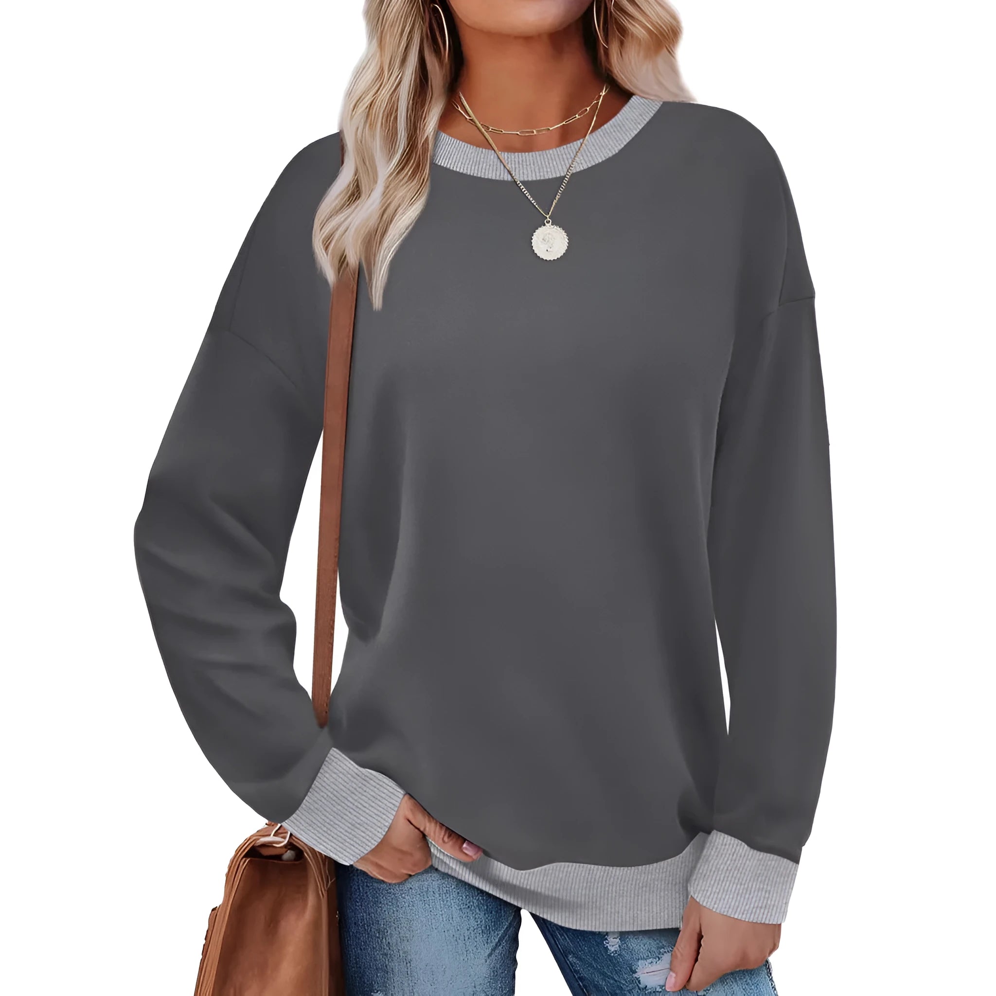 Loose fit striped long sleeve top for women in apricot colour, showing round neck and long sleeves.