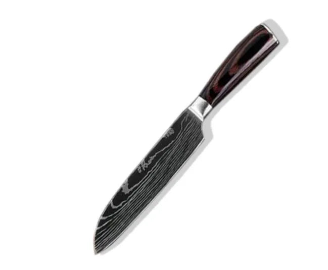 7Cr17 stainless steel kitchen knife with Damascus patterned 18 cm blade and coloured wood handle