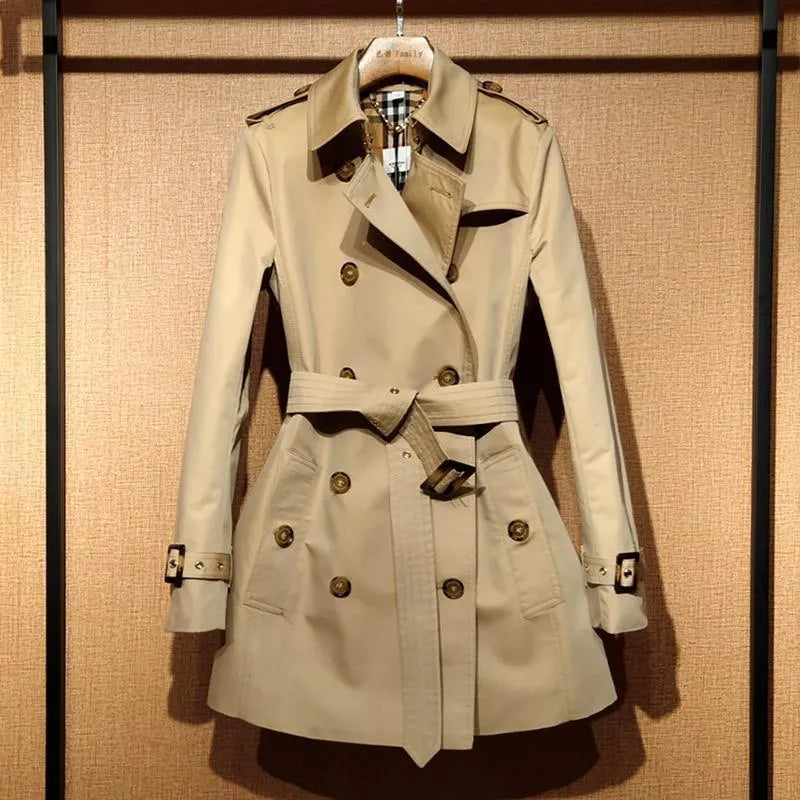 Khaki women's double-breasted polyester trench coat with long flight sleeves