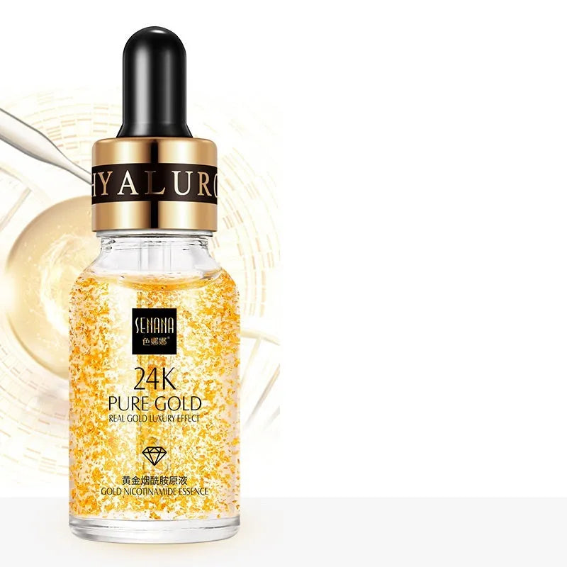 24K gold nicotinamide anti-aging facial essence in a glass bottle with three size options 15ml, 50ml, 100ml