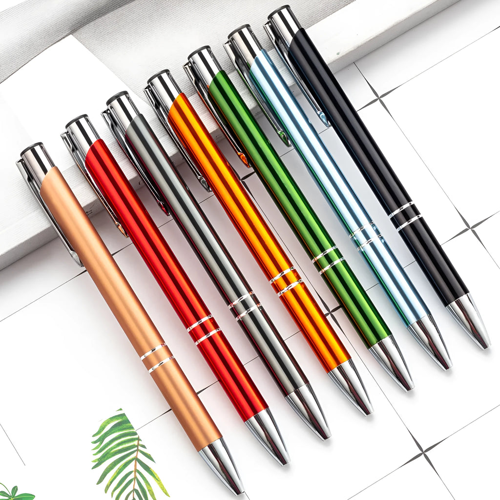 Metal ballpoint pen with push mechanism shown in multiple colour options