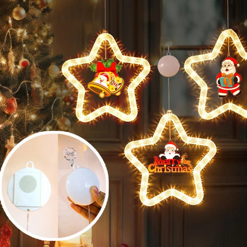 Illuminating 5-point LED star decoration with various festive designs, perfect for holiday decor on windows, doors, and more