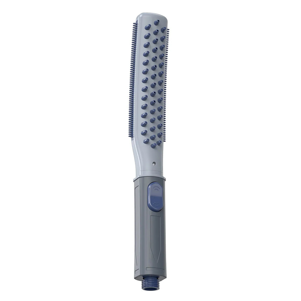 Dog bathing brush showerhead with ABS handle, shown in five colour options including green and white and blue and gray.