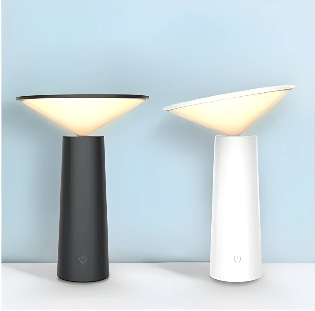 Black or white USB rechargeable LED desk lamp with touch sensor and adjustable lamp head.