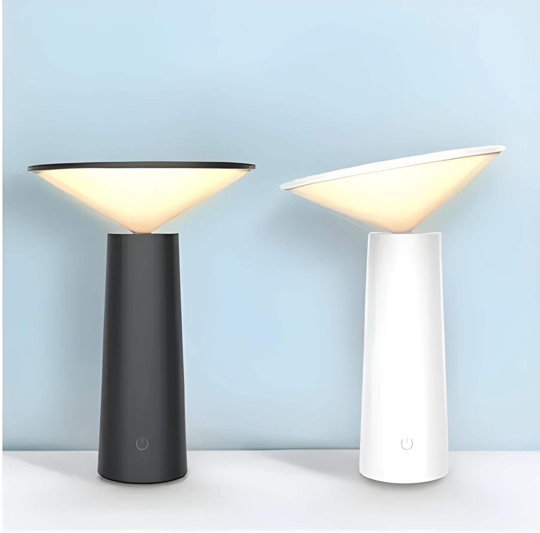 Black or white USB rechargeable LED desk lamp with touch sensor and adjustable lamp head.