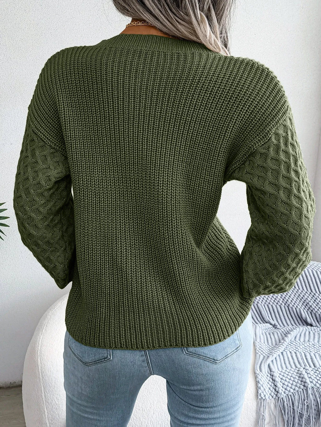 Casual lantern sleeve knitted sweater in loose fit with polka dot pattern and 3D texture, round neck pullover style, available in Khaki