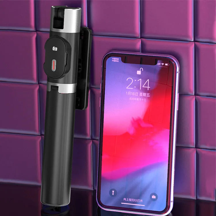 Black Bluetooth selfie stick with tripod legs extended and double fill light, compatible with iPhone