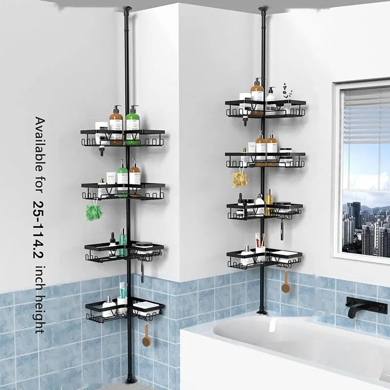 Stainless steel retractable bathroom storage rack with four layers and hole-free installation