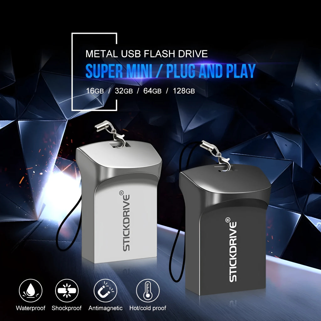 Metal USB flash drive on a necklace chain in black or silver finish.