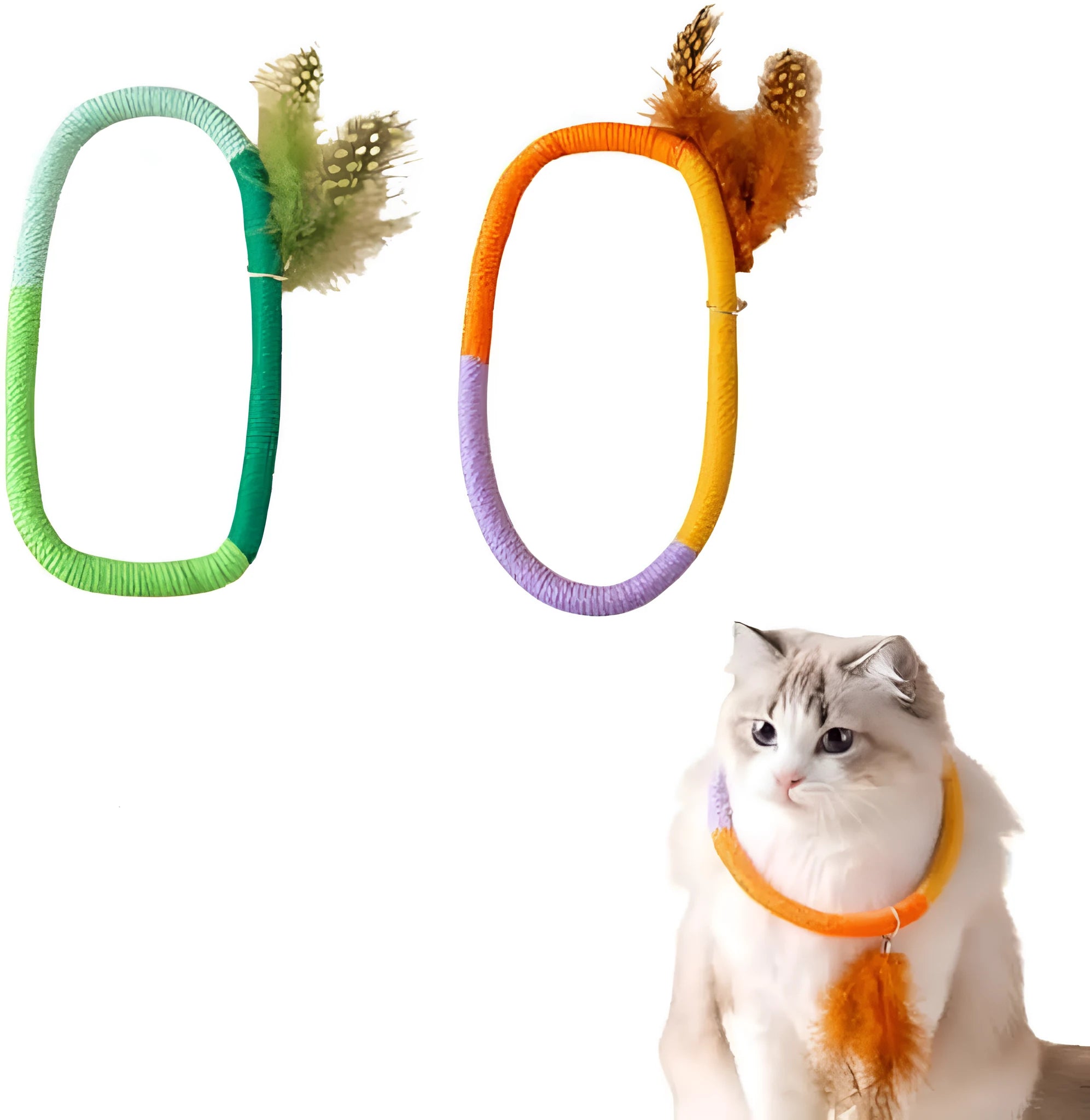 Green circular cotton rope cat toy with feathers and catnip for dental cleaning and interactive play