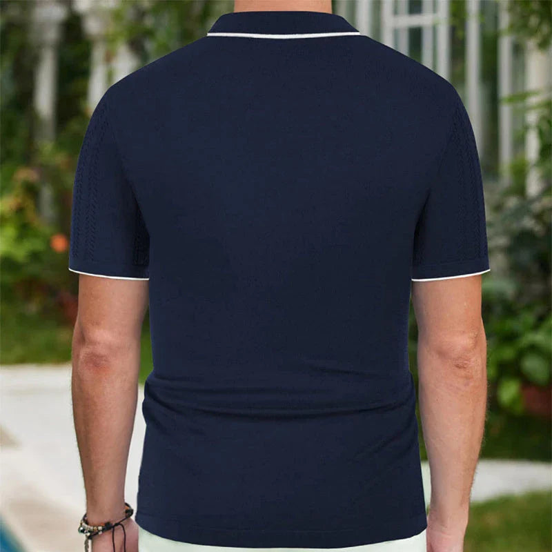 Short-sleeve polo shirt in brown, navy blue, and khaki colors with unique flocked design and regular fit