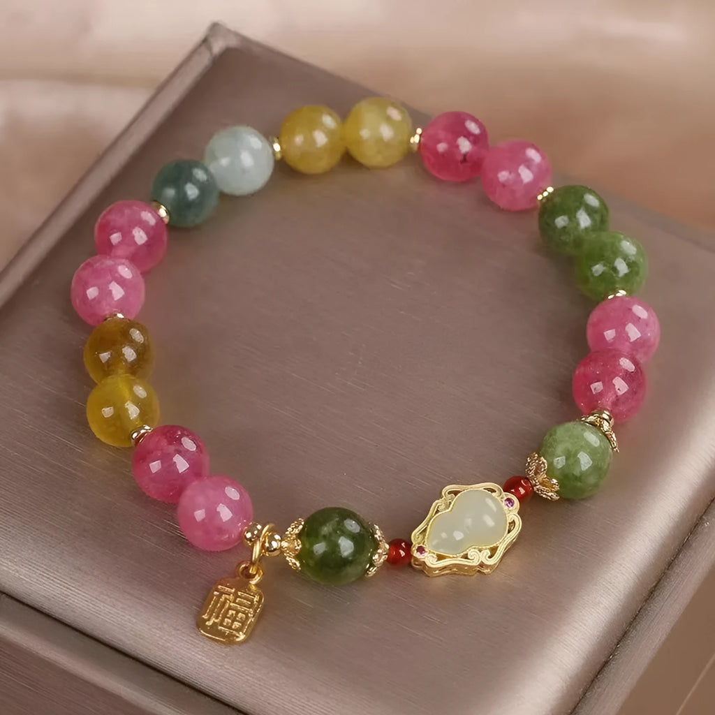 Women's gourd blessing card bracelet with colourful tourmaline stones and electroplated floral design