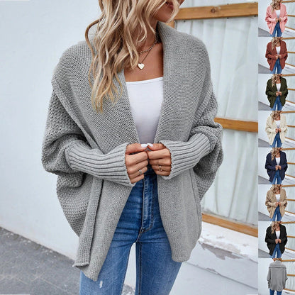 Cozy knit cardigan jacket in various colors with relaxed bat-wing sleeves and large lapel design for women's fall and winter fashion