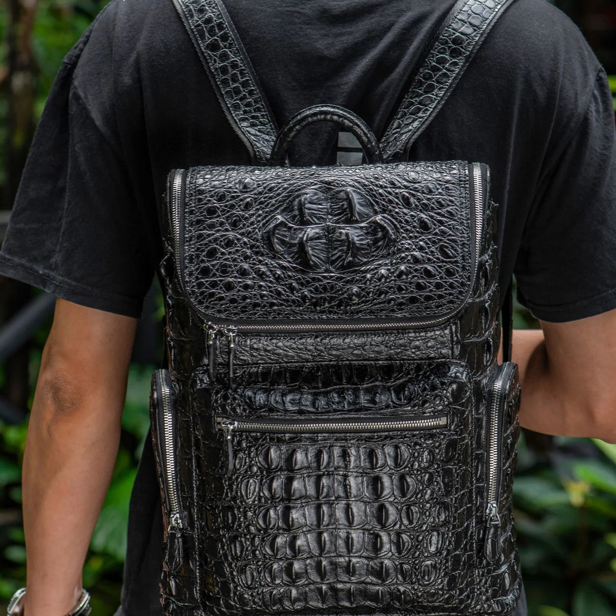 Kurayoshi handmade crocodile leather vertical square backpack with double shoulder straps and zipper closure