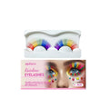 A pair of rainbow coloured false eyelashes on a strip against a white background.