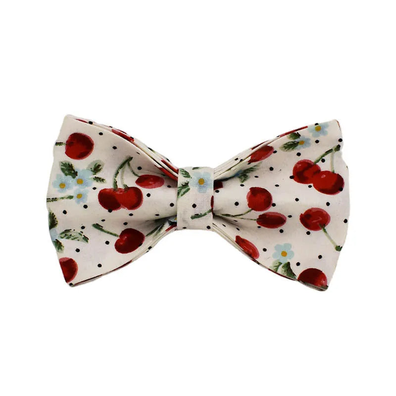 Red cherry print dog collar and leash set with adjustable buckle and bow decoration