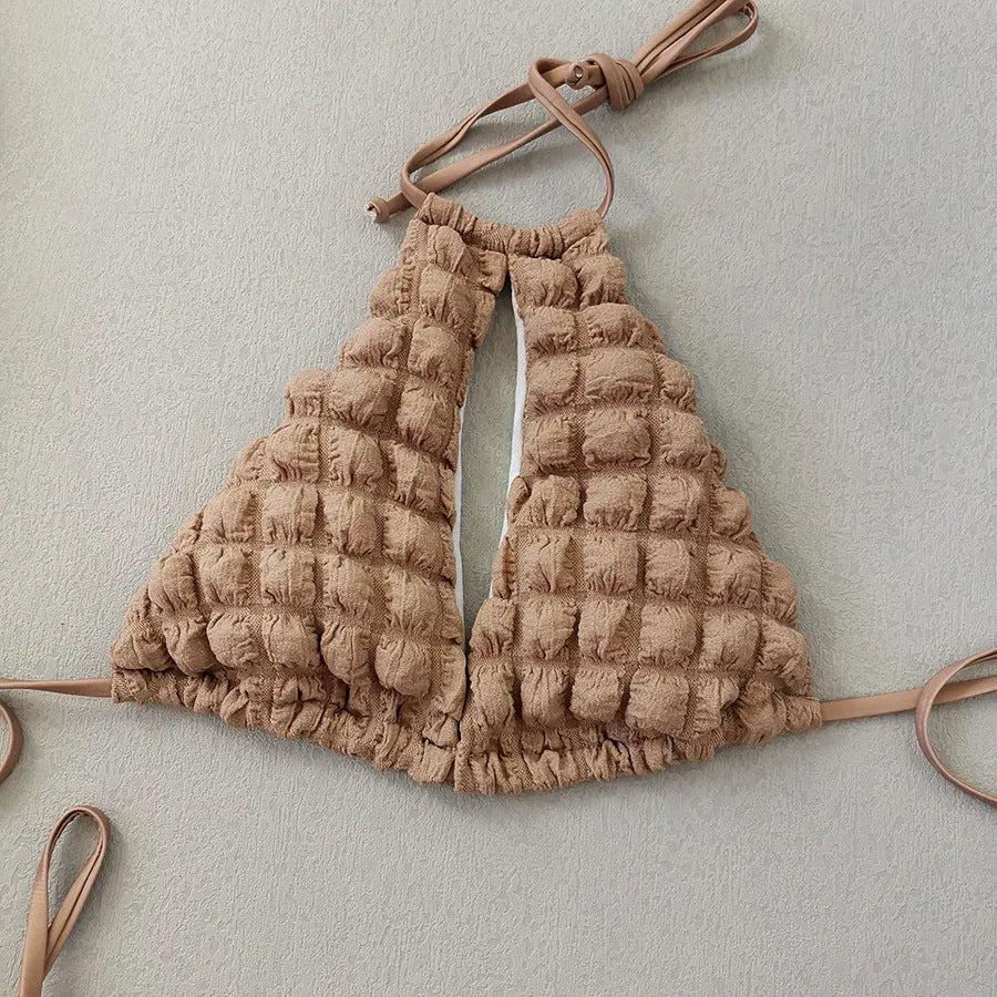 Brown seersucker lace-up bikini top with matching pants and skirt, three-piece women's swimsuit set