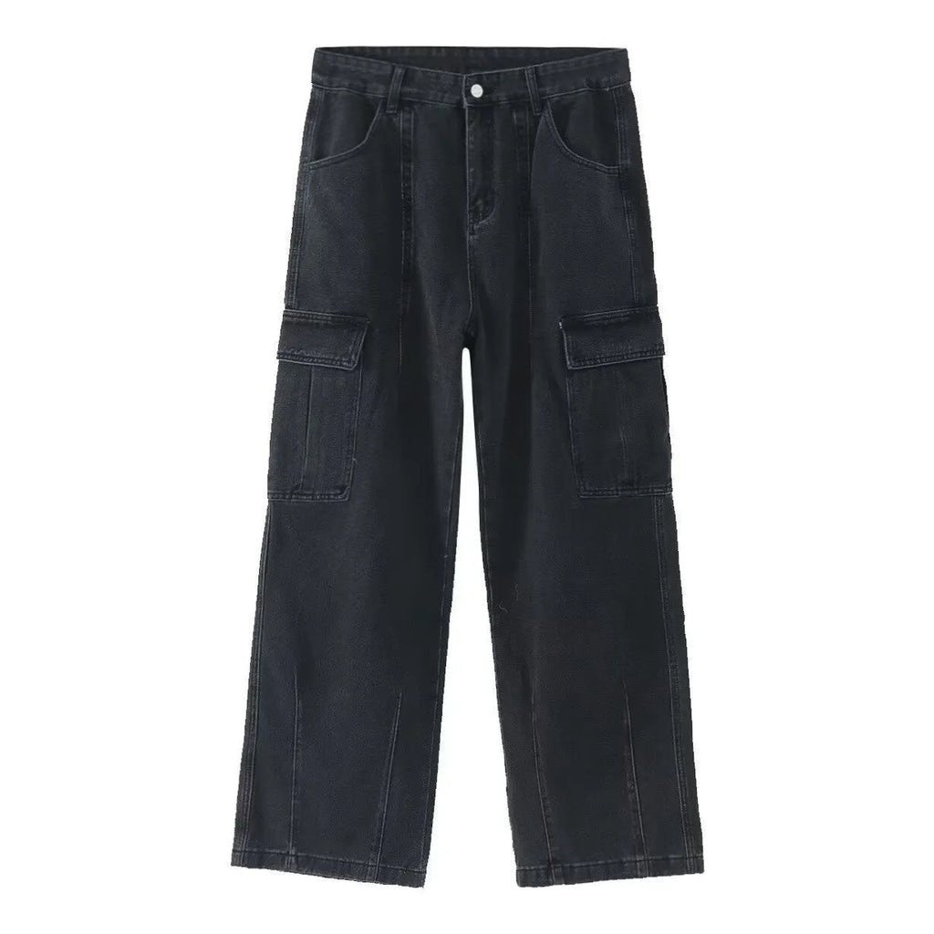 Loose straight-leg workwear jeans in non-stretch cotton denim, blue or black, sizes S to 3XL.