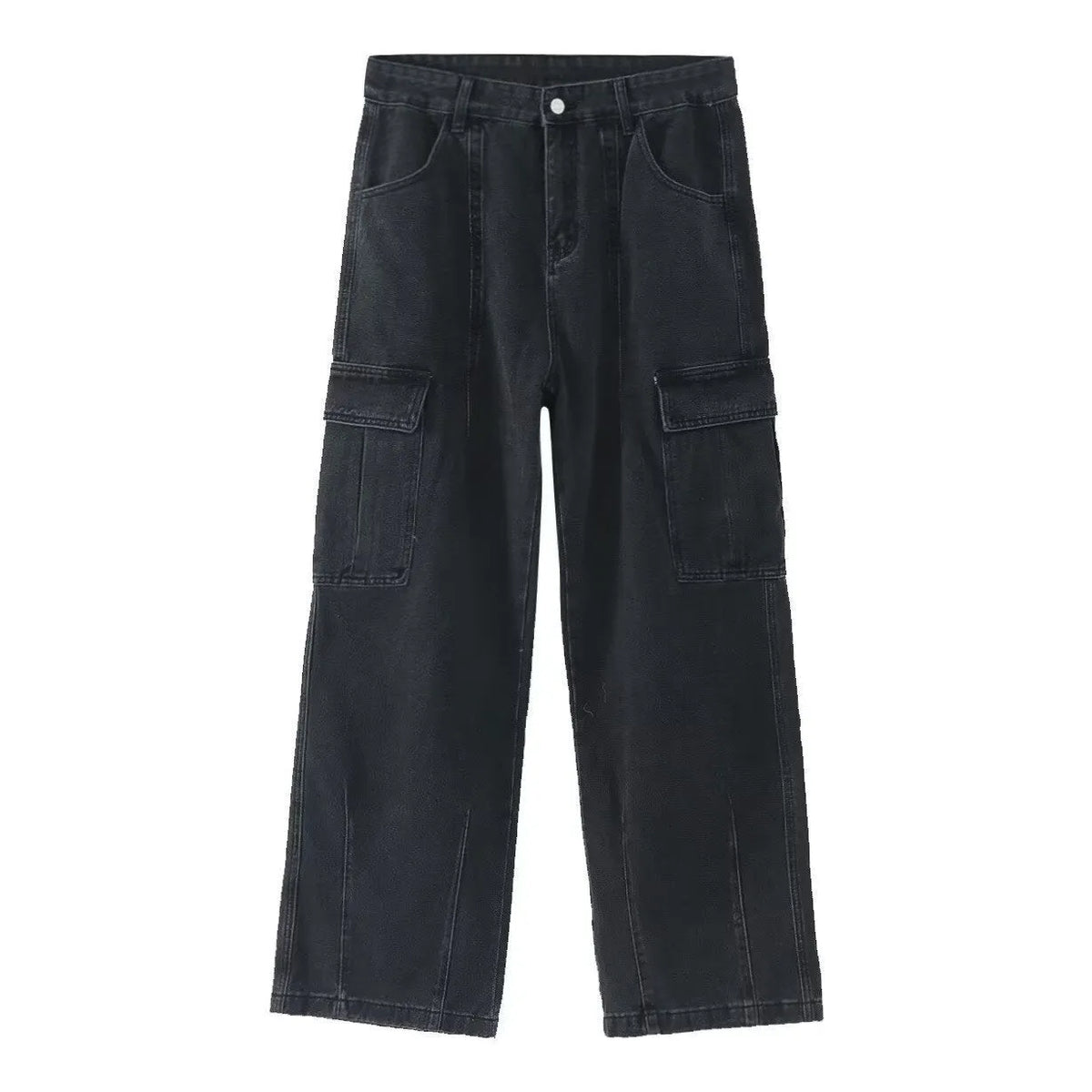 Loose straight-leg workwear jeans in non-stretch cotton denim, blue or black, sizes S to 3XL.