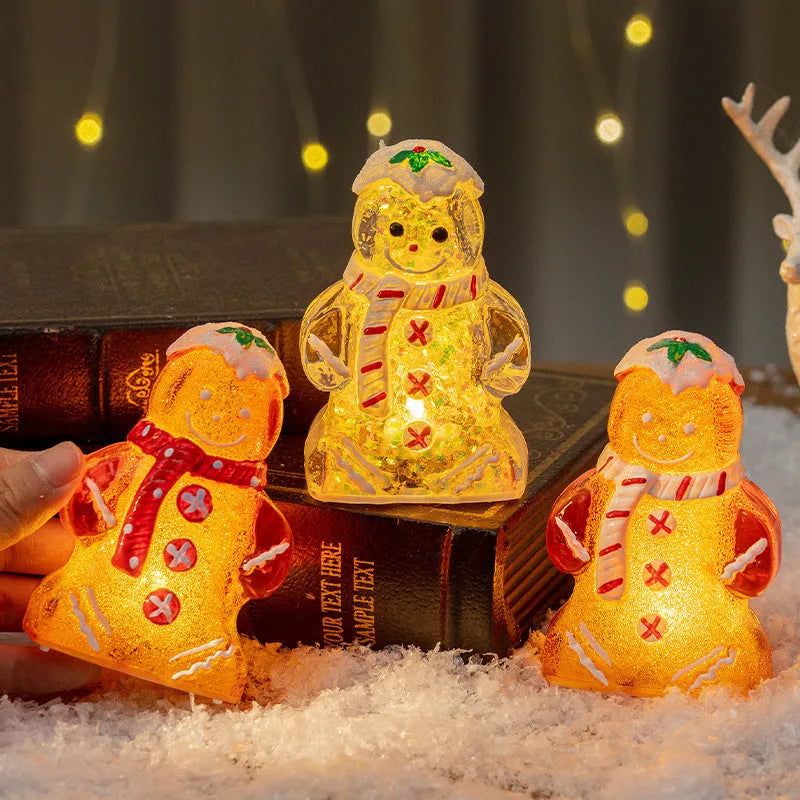 Glowing Christmas gingerbread man snowman ornament with scarf in plastic, 10.5cm tall