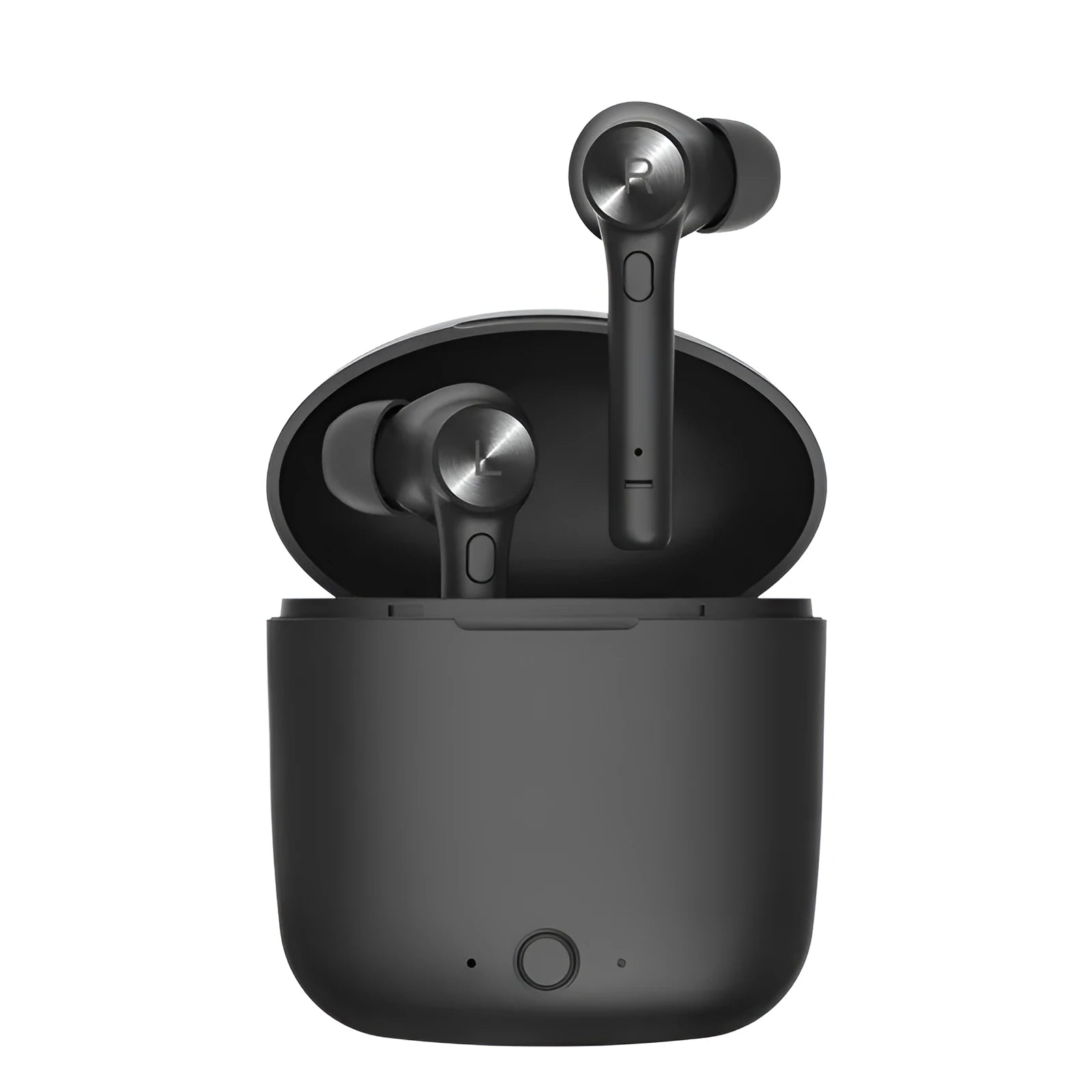 Black true wireless stereo Bluetooth headset earbuds on a white background.