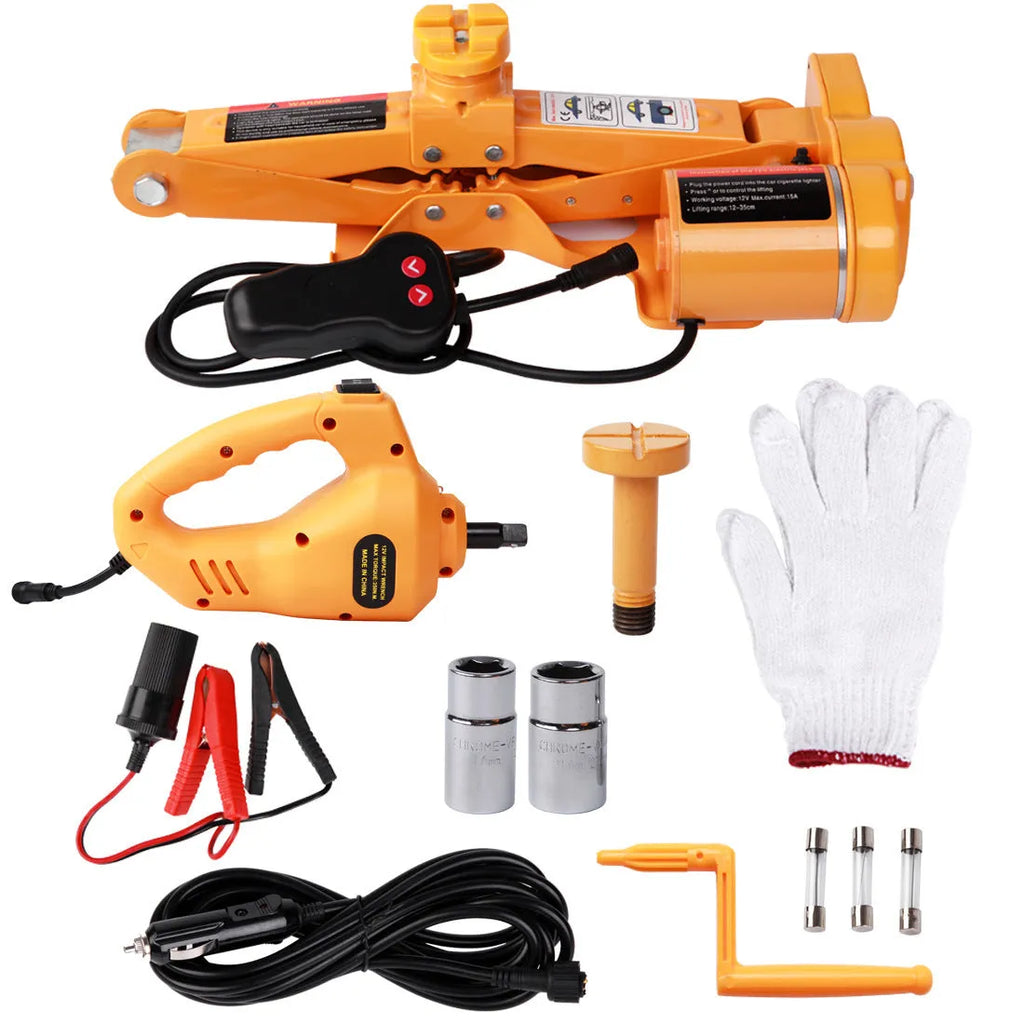 Yellow steel electric car jack set with 12V power and electric wrench for vehicle tyre changes