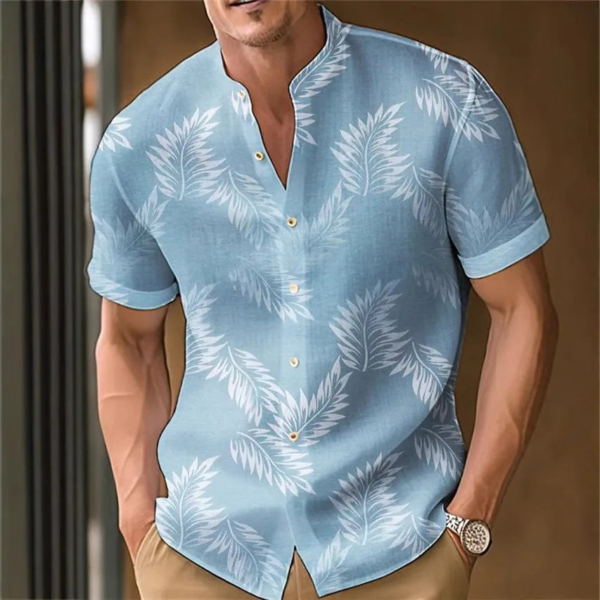 Men's printed casual polyester shirt on a hanger, showing one of eight available colour options.