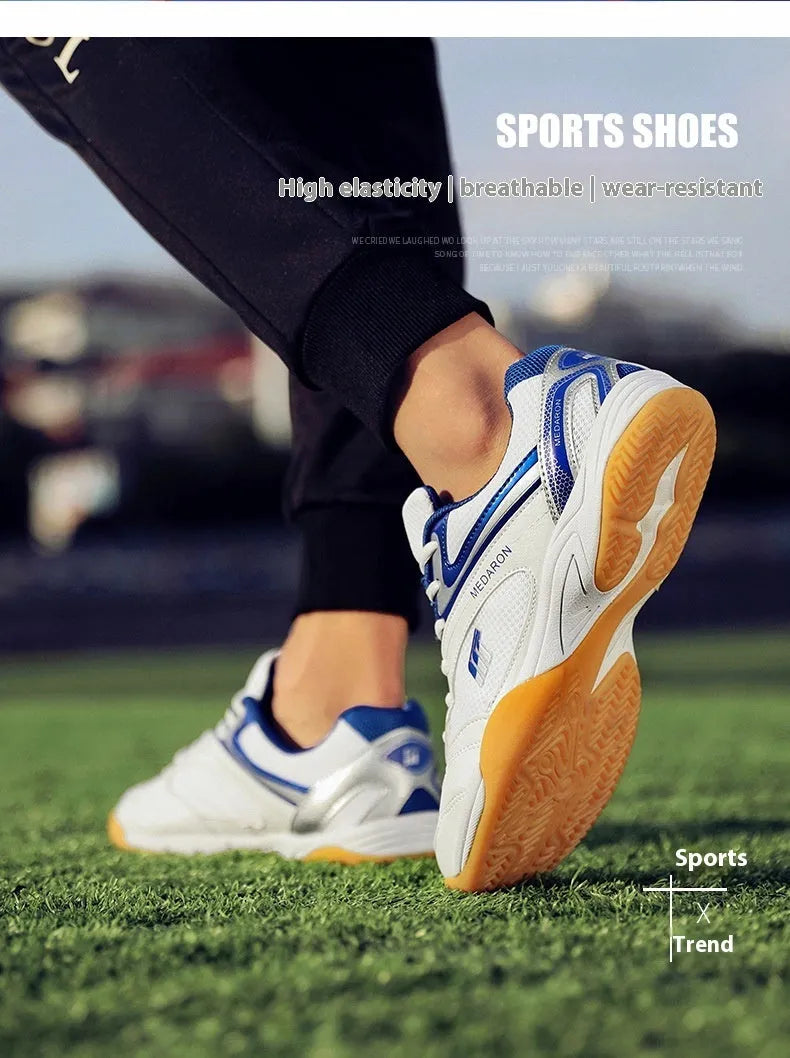 White and blue table tennis sneakers with lace-up front, round toe, and rubber sole.
