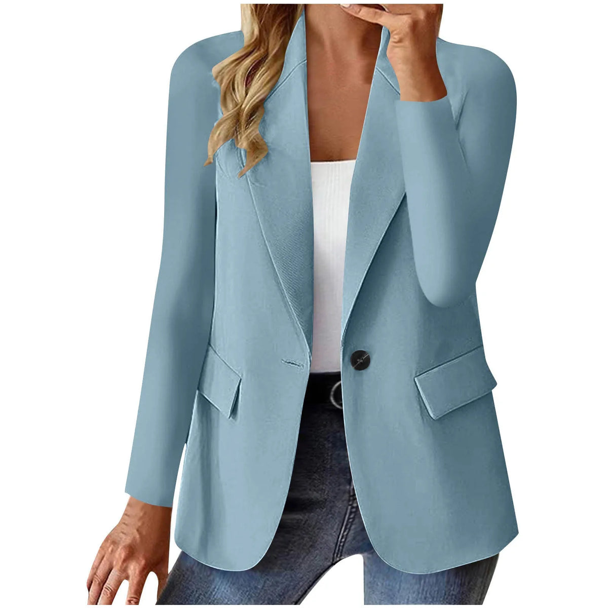 Women's long sleeve solid colour cardigan suit jacket with pocket, slim fit, shown in multiple colours