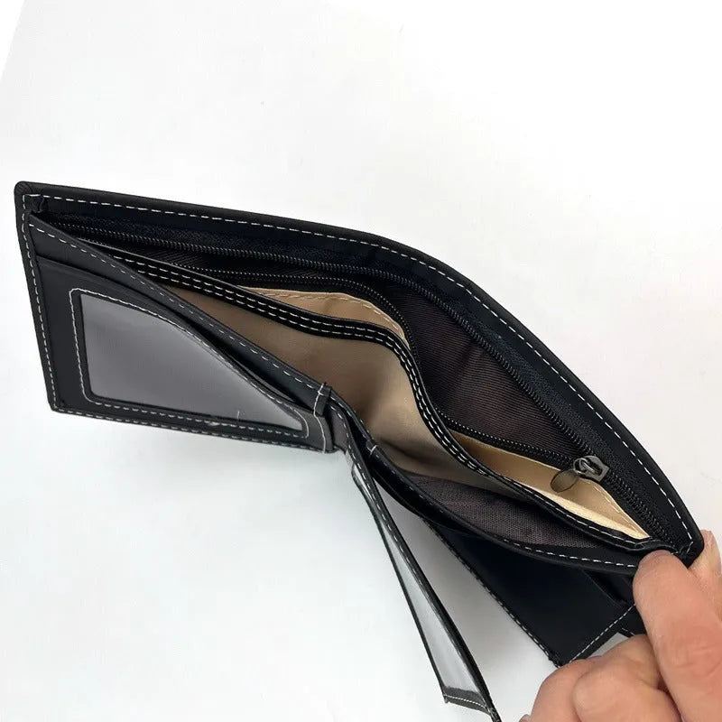 Black men's short wallet with animal pattern, zipper closure, and multiple card slots in PU leather