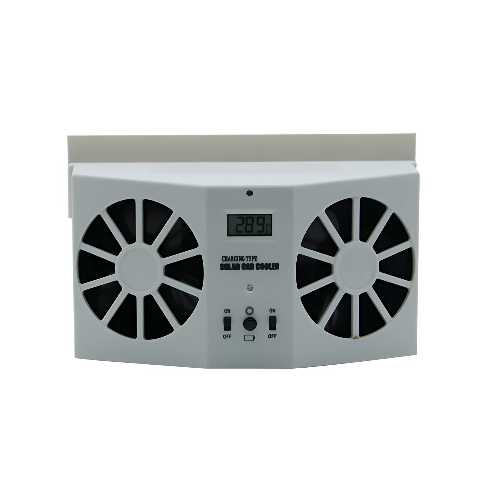 Solar car exhaust fan in black ABS with three outlet vents on a car window