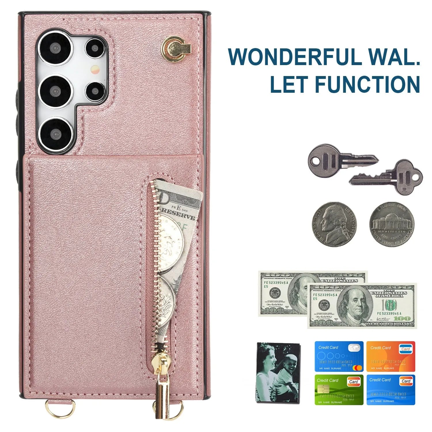 Black Samsung phone case with a crossbody strap, card slot, and folded kickstand visible on the back.