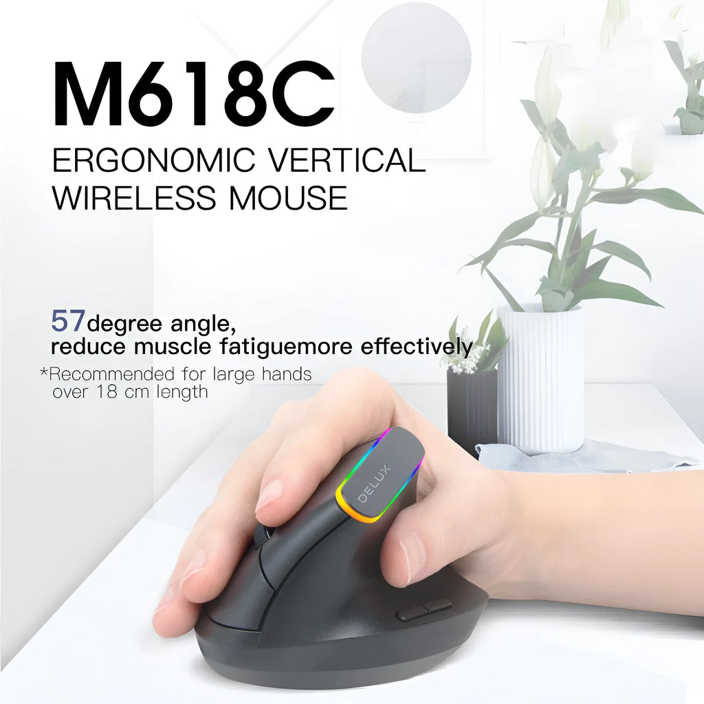 M618C vertical ergonomic wireless mouse in black or white with RGB lighting, shown from the side.