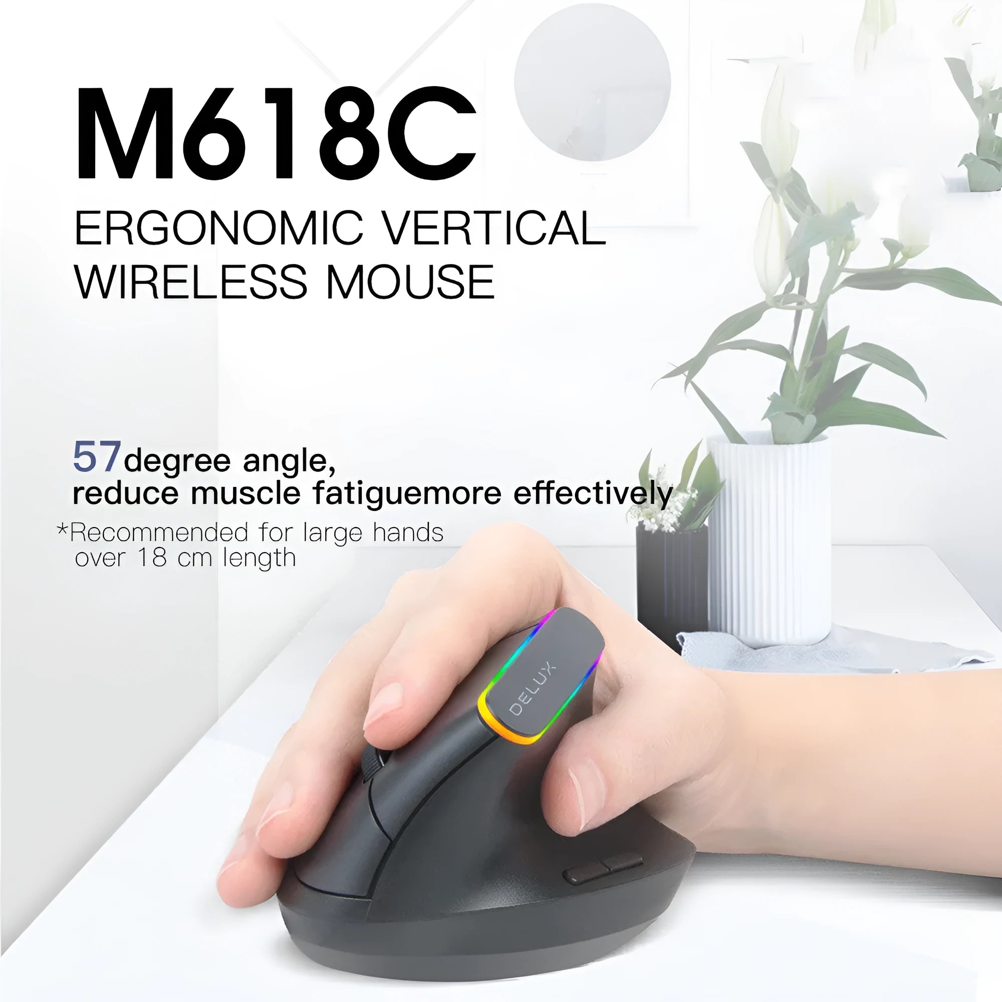 M618C vertical ergonomic wireless mouse in black or white with RGB lighting, shown from the side.