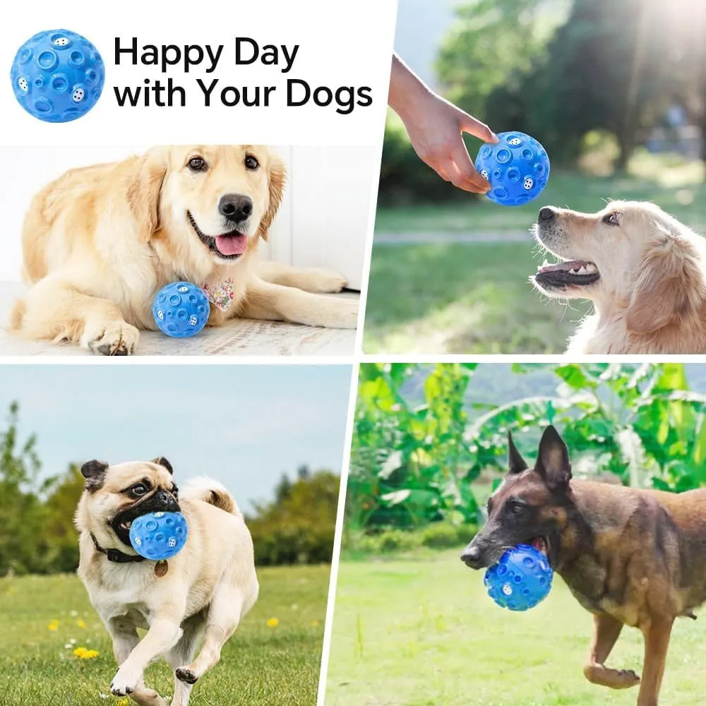 Durable interactive dog toy ball with meteorite bumps and magical squeaky sound in multiple colours