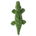Dark green plush crocodile dog toy with no stuffing, squeaker, and crinkle paper