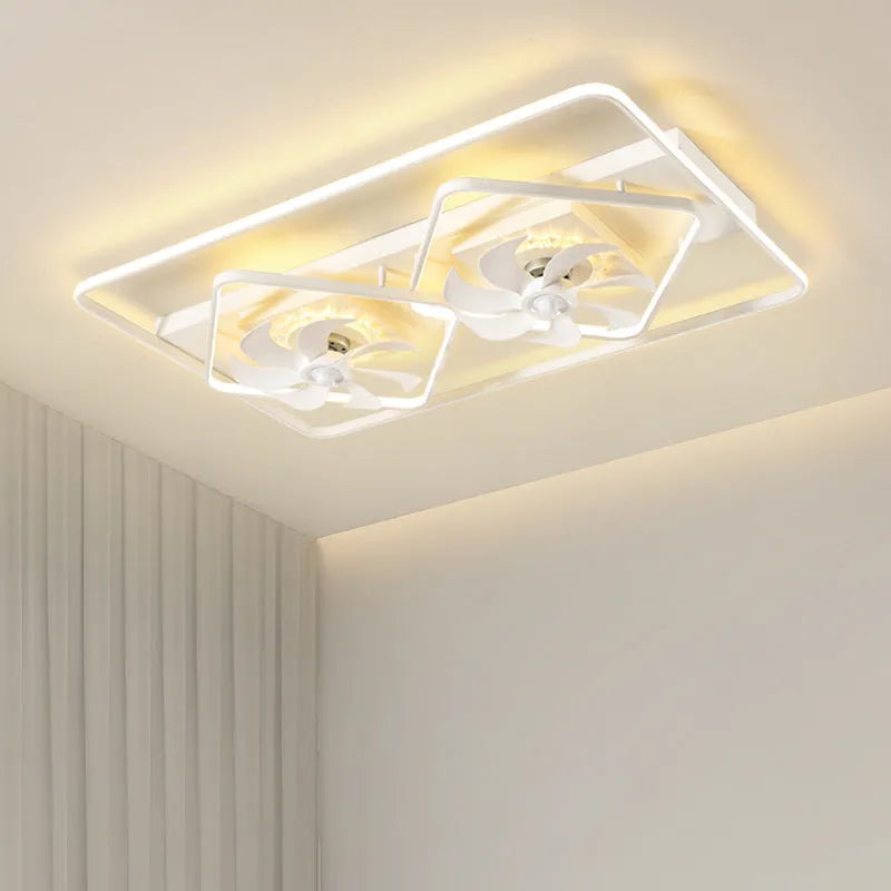 Modern ceiling fan with integrated light fitting, plastic blades, acrylic lampshade, 1100x700mm size.