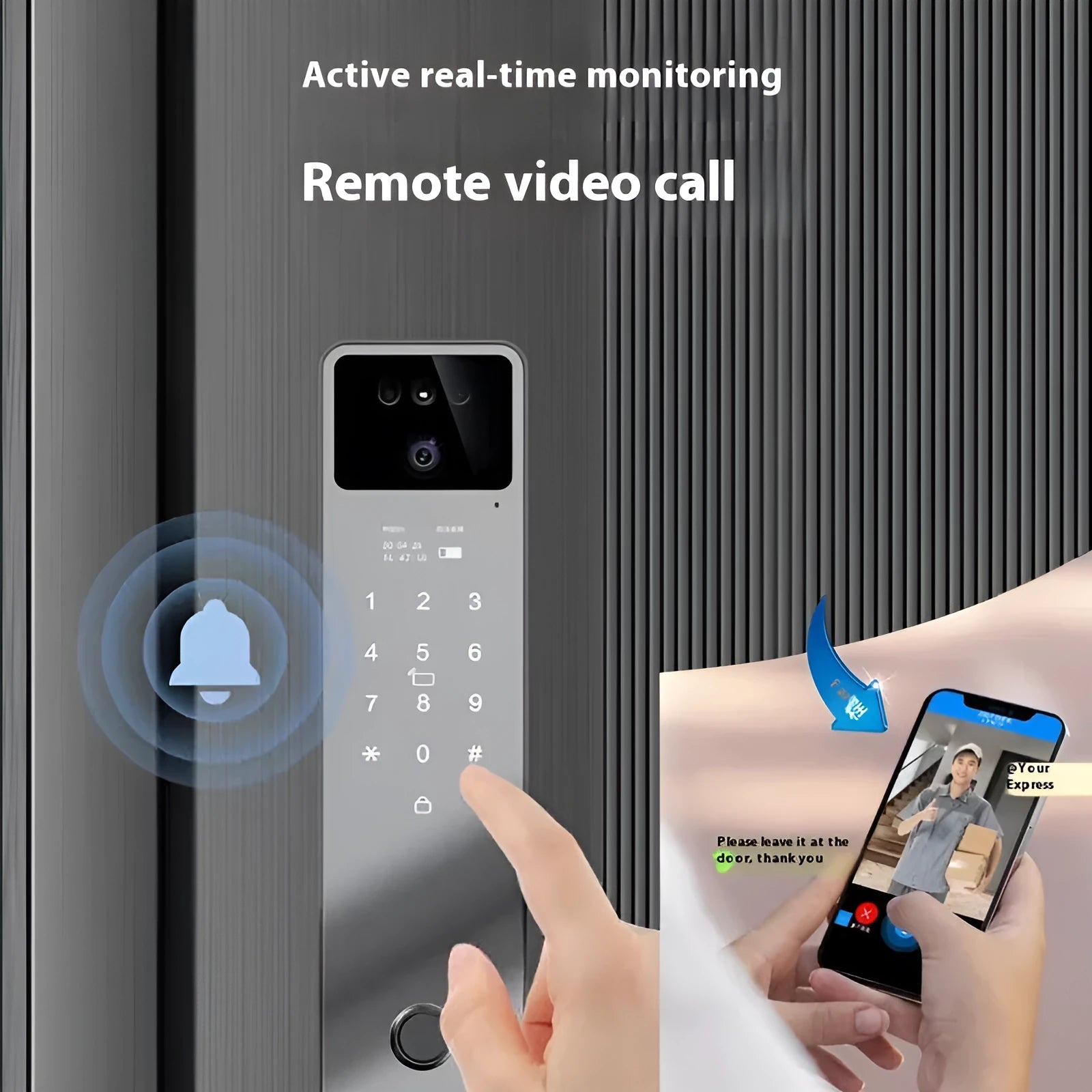 Aluminium alloy smart door lock with face recognition camera, fingerprint sensor, keypad, and F7 intercom screen