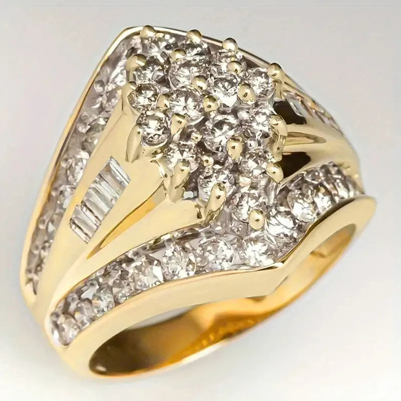 Geometric heavy industry style ring with electroplated gold finish on copper construction