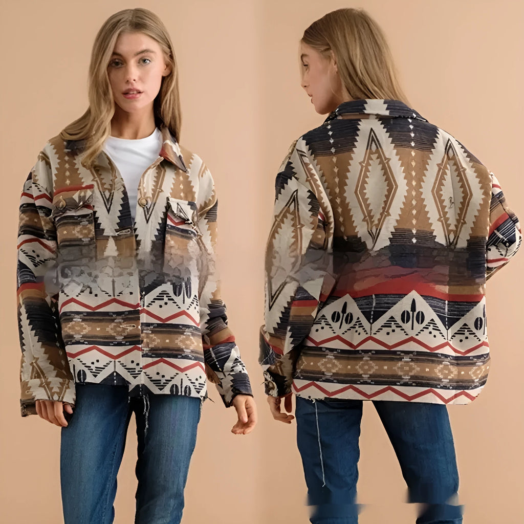 Women's retro style Aztec print woolen coat in army green, shown in a loose fit with long sleeves.